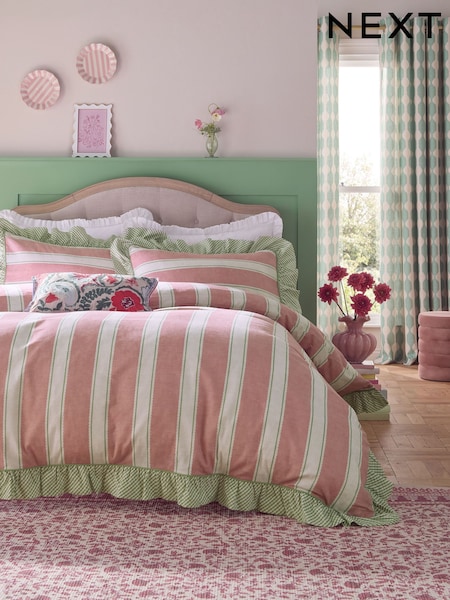 Pink Stripe Brushed Frill Duvet Cover and Pillowcase Set (H26425) | AED213 - AED352