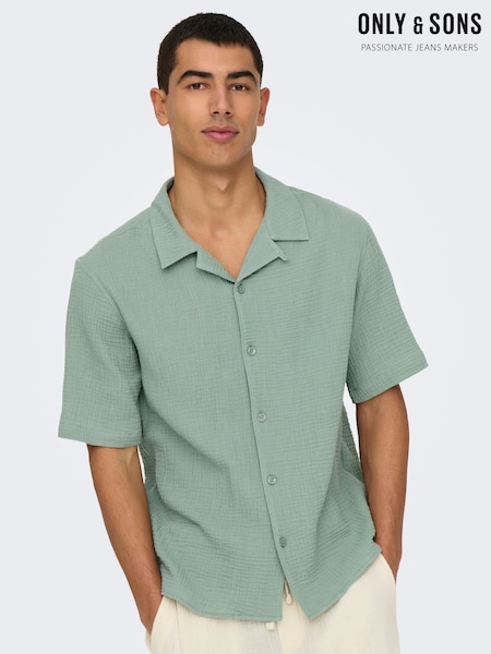 Only & Sons Green Cuban Collar Seersucker 100% Cotton Shirt (H26435) | R$ 315
