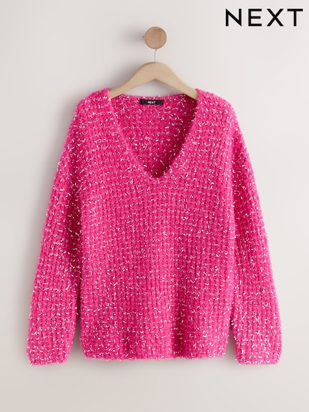 Bright Pink Tinsel V-Neck Chunky Knit Jumper (H26489) | €51
