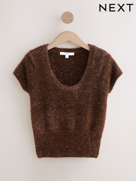 Chocolate Brown Sparkle Scoop Neck Waisted T-Shirt (H26506) | €36