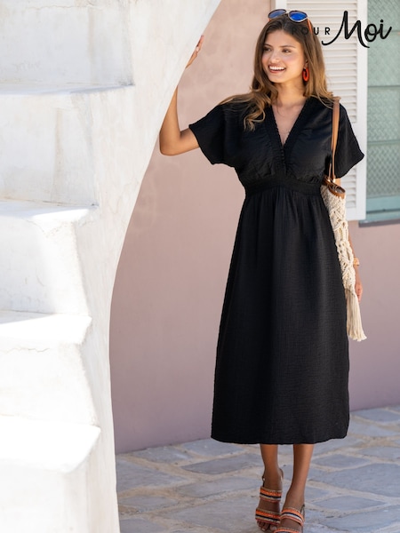 Pour Moi Black Shirred Neckline Textured Woven Midi Dress (H26740) | €58