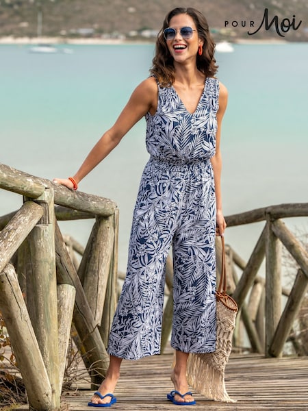 Pour Moi Blue Maya Fuller Bust 100% Cotton Slub Jersey Built Up Cropped Leg Jumpsuit (H26747) | €53