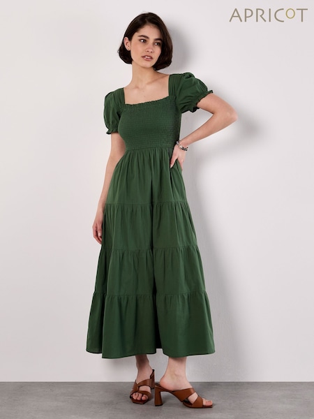 Apricot Green Smocked Detail Poplin 100% Cotton Midi Dress (H26783) | €59