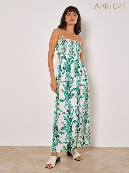 Apricot Green Tropical Leaf Print Smock Bandeau Dress (H26801) | €59