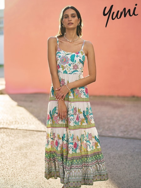Yumi Cream Floral Block Print Tiered Maxi Sun Dress (H26899) | ₪302