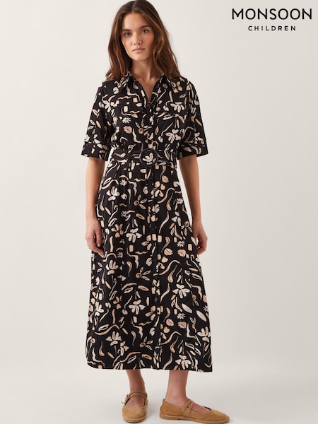 Monsoon Black Ulla Floral Print Jersey 100% Cotton Dress (H26915) | ₪377