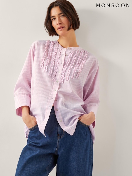 Monsoon Pink Laura Ruffle Stripe 100% Cotton Shirt (H26920) | €69
