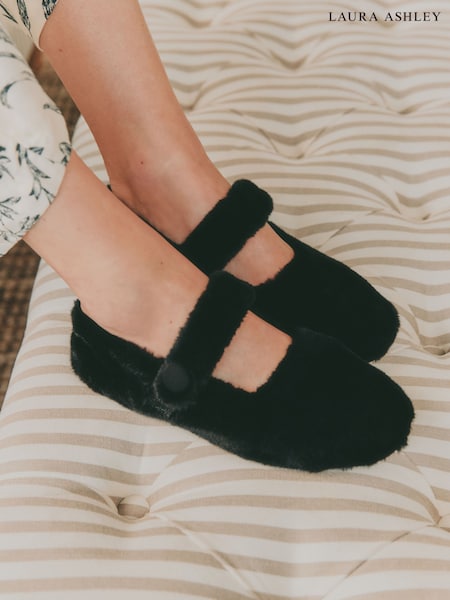 Laura Ashley Black Mary Jane Cosy Fur Slippers (H26985) | €25