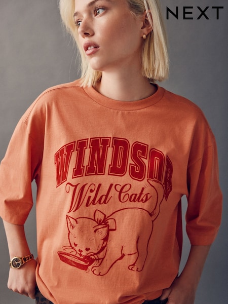 Koralno roza - Cat Graphic Printed Short Sleeve Crew Neck T-Shirt (H26993) | € 13