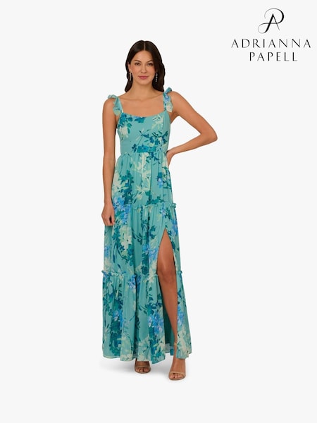 Adrianna Papell Green Print Chiffon Ruffle Dress (H27264) | €264