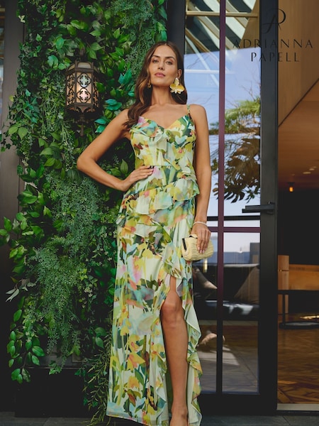 Adrianna Papell Green Printed Strap Cascade Gown (H27276) | 985 QAR