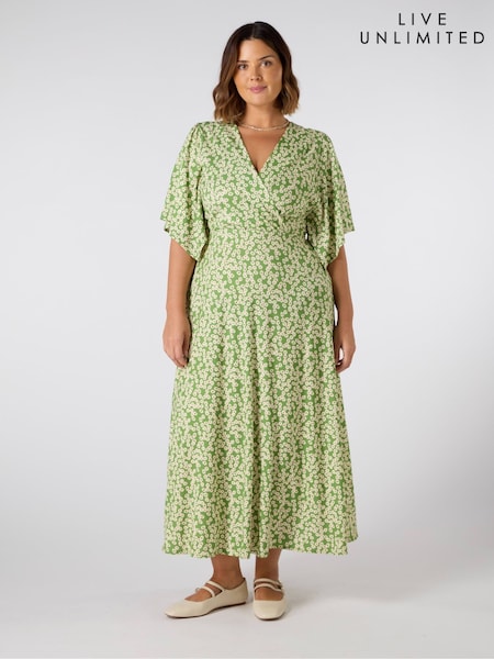 Live Unlimited Green Ditsy Jersey Angel Sleeve Wrap Dress (H27285) | €83