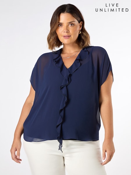 Live Unlimited Navy Curve Chiffon Ruffle Short Sleeve Blouse (H27296) | €75