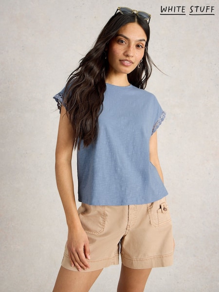 White Stuff Blue Claudia Trim 100% Organic Cotton T-Shirt (H27463) | ₪201
