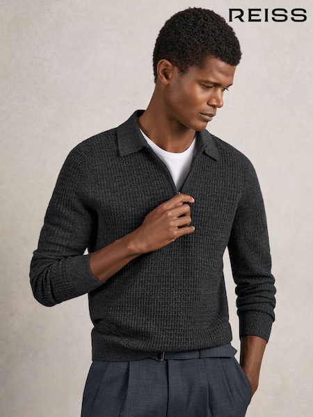 Reiss Charcoal Grey Hamilton Wool Waffle-Knit Half-Zip Polo Shirt (H27695) | €170