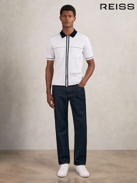 Reiss White/Navy/Blue Baxter Compact-Knit Tipped Zip-Through Shirt (H27696) | AZN 351