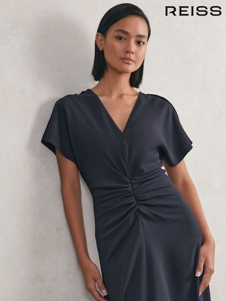 Reiss Navy Rowe Petite Ruched-Front Midi Dress (H27700) | €330