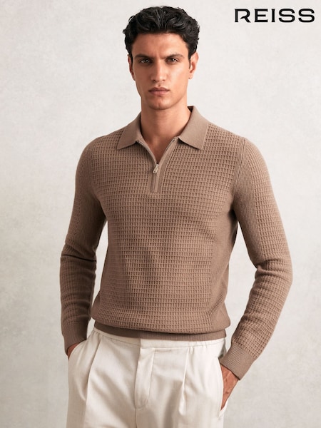 Reiss Camel Brown Hamilton Wool Waffle-Knit Half-Zip Polo Shirt (H27702) | €170
