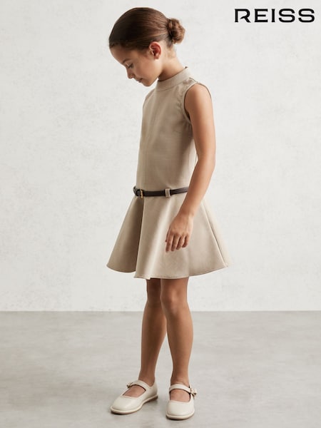 Reiss Neutral Bella Drop Waist Belted Sleeveless Dress (H27716) | €95