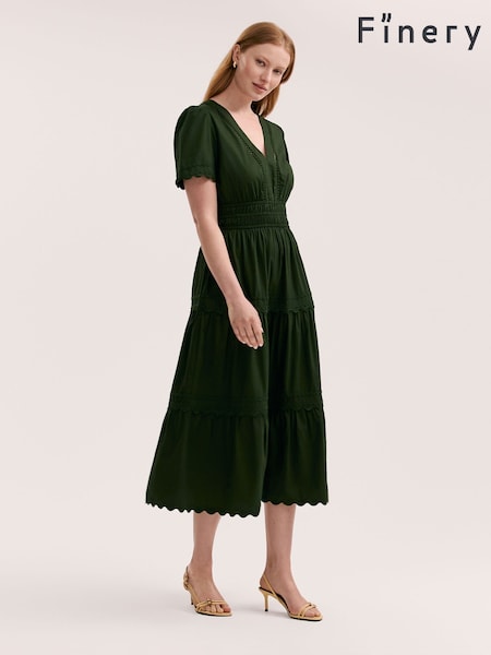 Finery Green Wren Cotton Ric Rac Detail Tiered Midi Dress (H27785) | €83