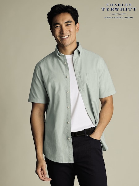 Charles Tyrwhitt Green Plain Classic Fit Short Sleeve Button-Down Stretch Washed Oxford 100% Cotton Shirt (H27806) | €93