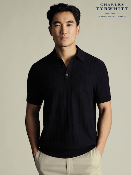 Charles Tyrwhitt Blue Stripe Short Sleeve Button Neck 100% Cotton Polo shirt (H27840) | €89