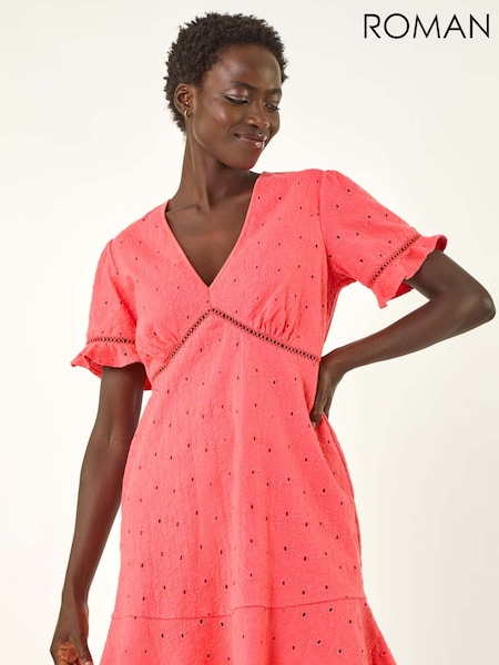 Roman Pink Embroidered Stretch Jersey Frill 100% Cotton Dress (H28867) | €68