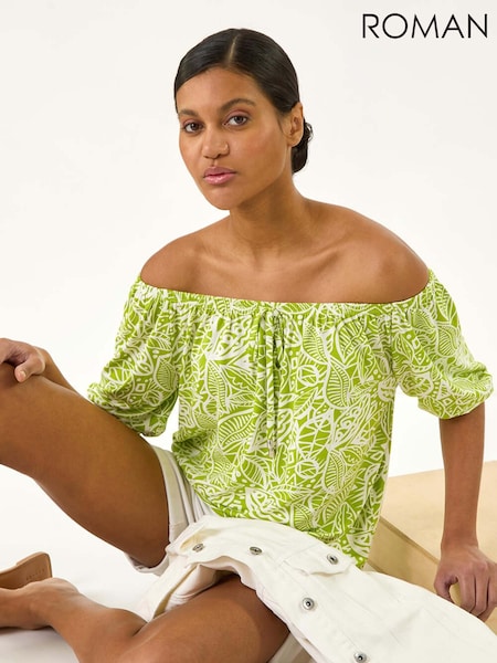 Roman Green Floral Print Bardot Stretch Top (H28871) | €40