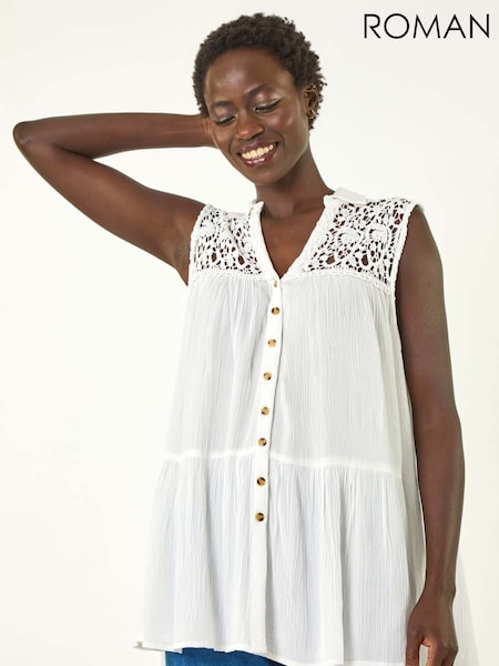 Roman White Lace Yoke Tiered Panel Blouse (H28883) | €40