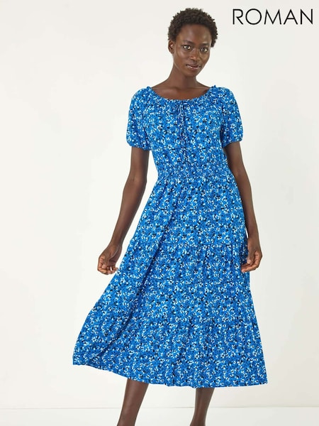 Roman Blue Ditsy Print Frill Stretch Midi Dress (H28885) | €58