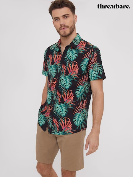 Threadbare Black Tropical Print Short Sleeve 100% Cotton Shirt (H28889) | €32