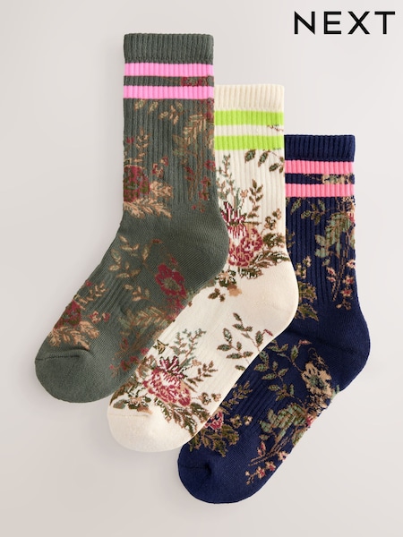 Tapestry Floral/Fluro Cushion Sole Ribbed Sport Ankle Socks With Arch Support 3 Pack (H28918) | €11