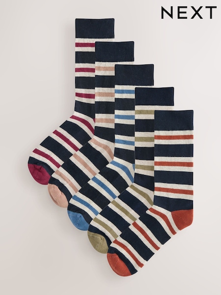 Blue/Ecru Striped Cushioned Sole Comfort Socks 5 Pack (H28931) | €21