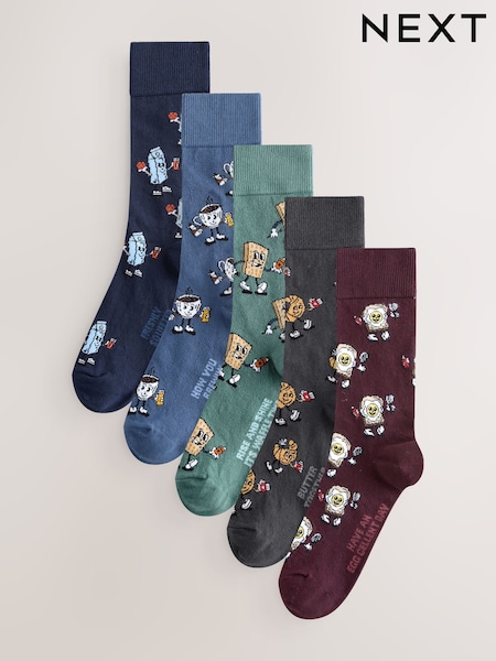 Blue/Green/Red Breakfast Conversational Pattern Socks 5 Pack (H28939) | R$ 135