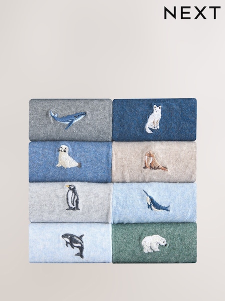 Grey/Blue Twisted Arctic Animal Embroidered Socks 8 Pack (H28945) | €32