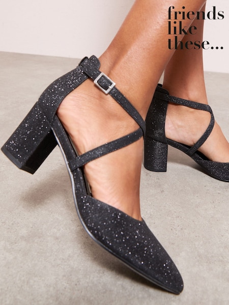 Friends Like These Black Glitter Standard Fit Block Heel Cross Strap Court Shoes (H28969) | €50