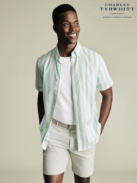 Charles Tyrwhitt Green Slim Fit Wide Stripe Non-iron Stretch Poplin Slub 100% Cotton Shirt (H29144) | €99