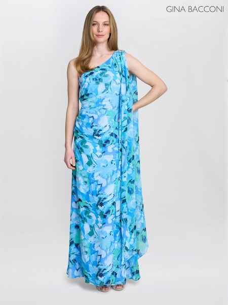 Gina Bacconi Blue Amelie Printed Chiffon Maxi Dress With Beaded Shoulder (H29353) | €464