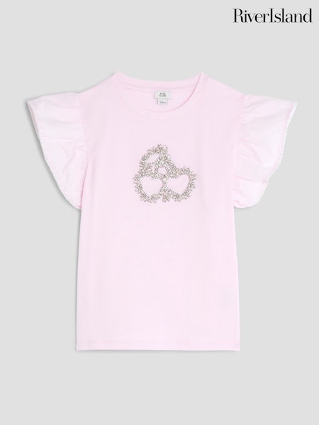 River Island Pink Girls Frill Sleeve Embellished 100% Cotton T-Shirt (H29366) | AED105