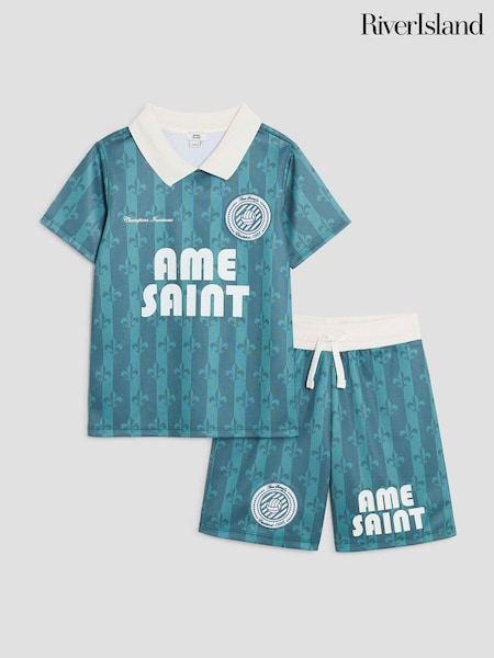 River Island Blue Boys Football 100% Cotton T-Shirt and Shorts Set (H29373) | €45