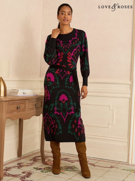 Black Floral Jaquard - Love & Roses Knitted Midi Dress (H29676) | 101 €