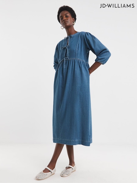 JD Williams Blue Denim Tie Front Peplum Midi Dress (H29801) | €60