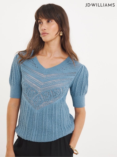 JD Williams Blue Crochet V-Neck Short Sleeve Jumper (H29802) | €35