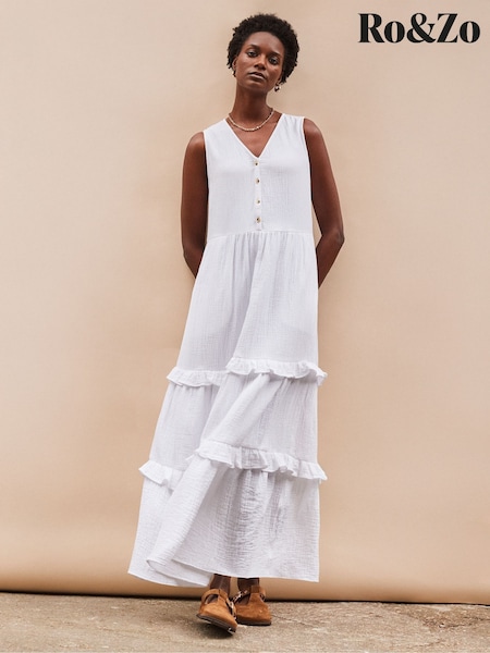 Ro&Zo V-Neck Cheesecloth Midaxi 100% Cotton Dress (H29831) | €118