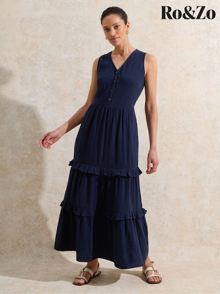 Ro&Zo Blue Petite V-Neck Cheesecloth 100% Cotton Midaxi Dress (H29842) | 5,347 UAH