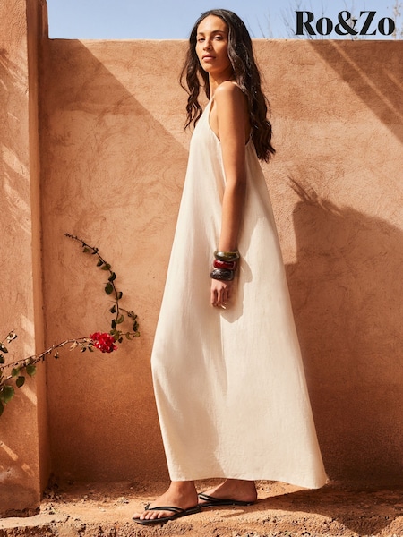 Ro&Zo Cream Linen Blend Tie Detail Maxi Dress (H29853) | €156