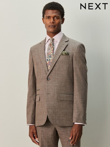 Brown Regular Fit Trimmed Check Suit Jacket (H29915) | €138