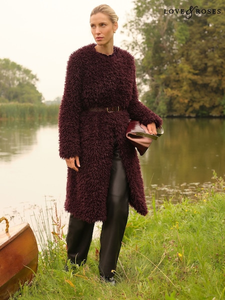 Love & Roses Berry Red Collarless Mongolian Coat (H29926) | R$ 890