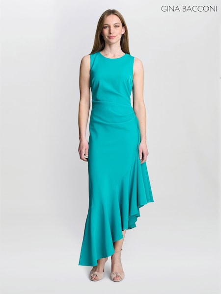 Gina Bacconi Green Paige Asymmetric Frill Hem Dress (H29972) | 1,089 QAR