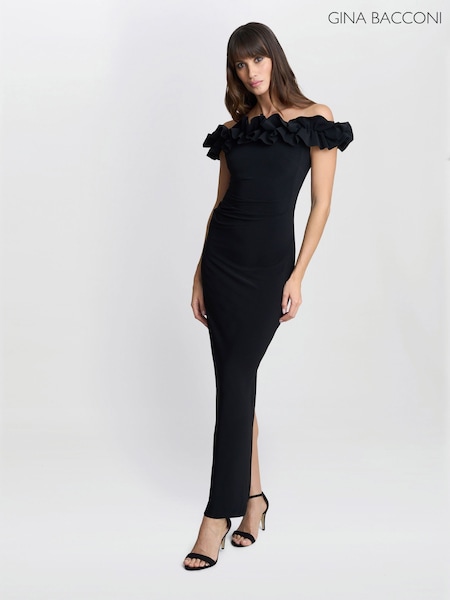 Gina Bacconi Sabrina Jersey Ruffle Neck Black Maxi Dress (H29993) | ₪1,308